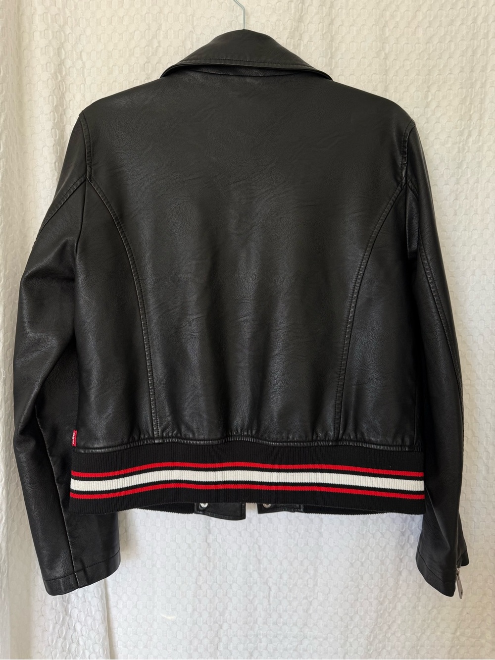 Levi’s Faux Leather Moto Jacket Varsity Stripe Rib Knit Hem Black Medium - Picture 6 of 8